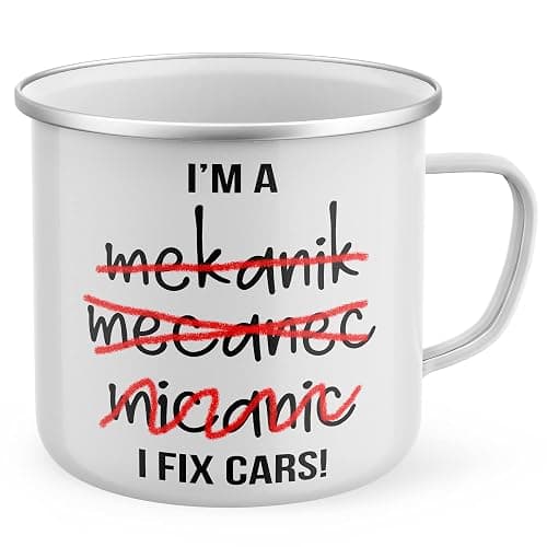 Purple Print House Funny Mechanic Enamel Mug, I Fix Cars Bad Spelling, Mechanic Gifts for Him, Dad Grandad Birthday Automotive Gift, Car Garage Metal Coffee Cup for Hiker, One Size, White thumbnail 3