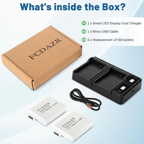 FCDAZR LP-E8 Battery Charger Kit for Canon EOS Rebel T2i, T3i, T5i Cameras | 2-Pack Compatible with Canon EOS Rebel T2i, T3i, T4i, T5i, EOS 550D, 600D, 650D, 700D, Kiss X4, Kiss X5, Kiss X6 Cameras thumbnail 7