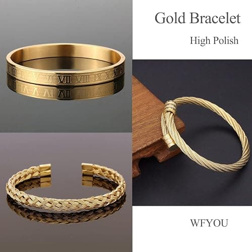WFYOU 3PCS Stainless Steel Bracelets for Men Gold Roman Numeral Bangle Bracelet Twisted Cable Bracelet Adjustable Cuff Bracelet Mens Luxury Jewelry Bracelets Gifts thumbnail 6