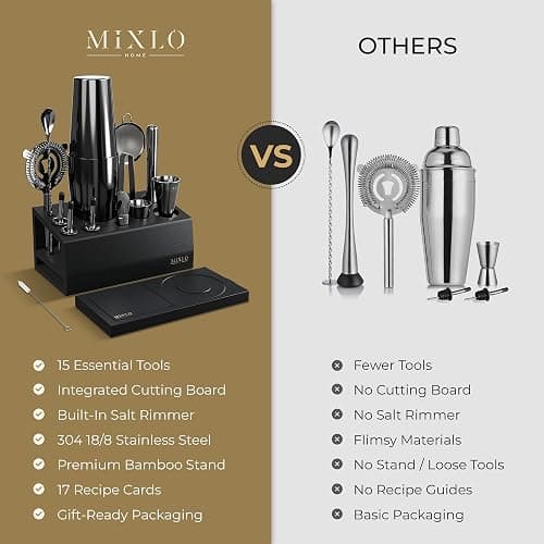 MIXLO HOME Mixology Bartender Kit - 15Pcs Bar Set Cocktail Shaker Set w Black Bar Cart Accessories Stand - Shakers Bartending Gun Metal Black Tools, 24oz Shaker, 17 Recipe Cards, Martini Barware thumbnail 5