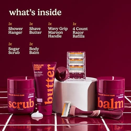 Dollar Shave Club For Women | 1 Maroon Wavy Grip Handle, 4 Razor Refills, 1 Cashmere Santal Shave Butter, 1 Sugar Scrub, 1 Body Balm, 1 Shower Hanger | Razors for Women, Womens Razors for Shaving thumbnail 2