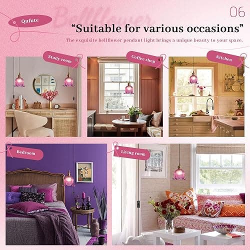 Qufute Hanging Swag Plug in Pendant Light Flower Shaped Purple Glass Plug Pendant Lamp with 15 ft Switch Cord Plug in Vintage Industrial Hanging Light for Kitchen Bedroom Background thumbnail 7