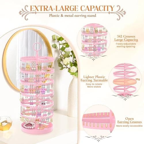 iDavosic.ly 6 Tier Rotating Earring Holder Organizer with Metal Tray, Adjustable Plastic Dangle Display Stands Tree with 342 Grooves, Large Hoop Storage Rack Tower, Pink thumbnail 4