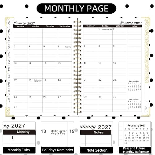 Knagsfa 2026-2027 Planner, Jul.2026-Jun.2027 Planner Weekly and Monthly 6.25"x8.5" with Page Tabs, Calendar Hardcover with Inner Pocket, Elastic Band, Twin-Wire Binding, Bookmark, White Dots thumbnail 4