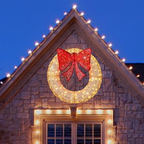 Lighted Christmas Wreaths, 48’’ Handmade Classic Christmas Wreaths with 50 Red and 120 Warm White LED Lights for The Outdoor Christmas Decoration-Golden - Golden thumbnail 7