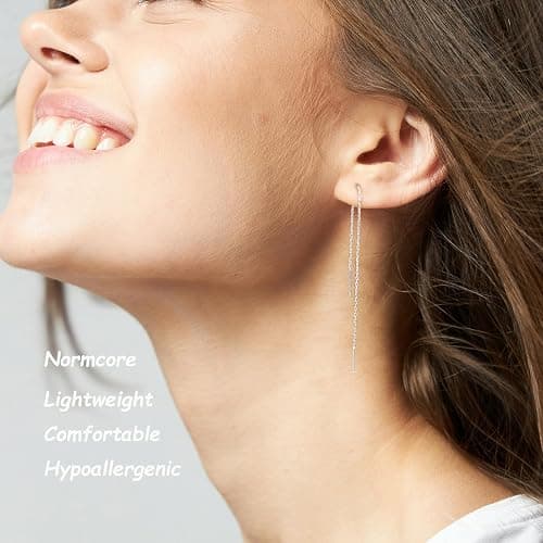 Sterling Silver Threader Chain Dangle Earrings,Versatile & Comfortable Hypoallergenic Silver Earrings 4.8 Inches thumbnail 2