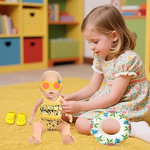 WanderGo 4 Teilig Badeanzug Puppen Set Puppenkleidung Sommer Schwimmset für 35–45 cm Schwimmpuppe Gelb Badeanzug mit Blumenmuster, Schwimmring, Sonnenbrille, Strandschuhe Puppenzubehör thumbnail 6