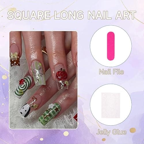 Auroriel 24 Stück Lange Quadratische Press on Nägel Rote und Grüne French Tips mit Glitzer Apfel und Welpen Design Sommer Party Nail Art Wiederverwendbar thumbnail 5