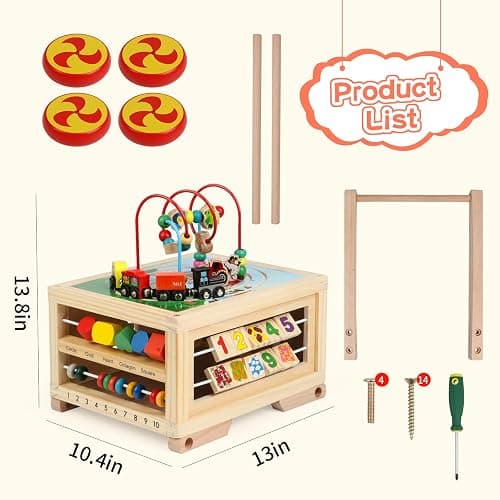 Wooden Activity Cube 7-in-1 Montessori Toys for 1+ Year Old Boys Girls Educational Learning Toys for Toddlers Age 1-2 One Year Old First Birthday Gift Bead Maze Magnetic Trains Track Shape Sorter thumbnail 6