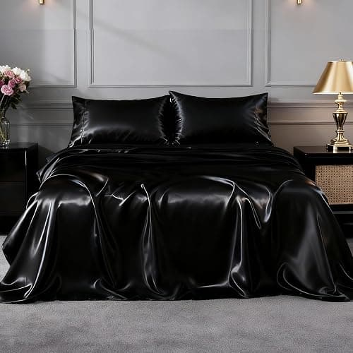 FreshCulture Satin Sheets Twin XL Bed Set - 3 Piece Luxury Soft Silky Bed Sheets, Similar to Silk Sheet Set with 1 Deep Pocket Fitted Sheet, 1 Flat Sheet & 1 Pillowcase (Black) thumbnail 2