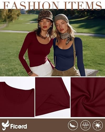 Ficerd 4 Pack Women's Scoop Neck Tops Long Sleeve Slim Fit T-Shirts Stretchy Tight Casual Plain Layering Shirts Tees thumbnail 3