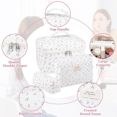 Gosect Large Makeup Bag Set, Quilted Makeup Bag, Floral Cosmetic Bag for Women, Cute Cotton Makeup Bags, Flower Travel Toiletry Organizer Bag (white) thumbnail 4