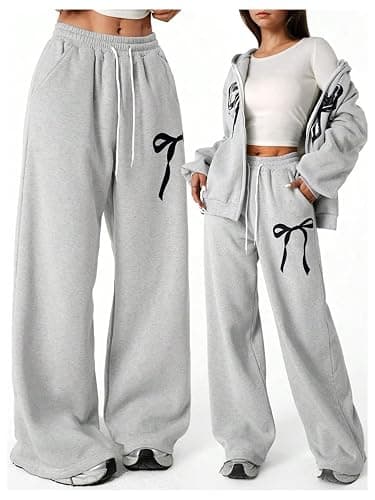 Verdusa Girl's Bowknot Baggy Sweatpants Straight Leg Athletic Pants with Pockets - 10 Years - Grey thumbnail 2