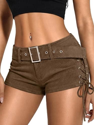 ELLEVEN Women's Lace-Up Side Faux Leather Micro Shorts | Lace Up Side,Low Waist,Buckle Belt,Low Rise,Y2k,Sexy,Skinny,Lounge,Casual,Mini Shorts for Women,Going Out,Club,Rave Outfits - Image 1