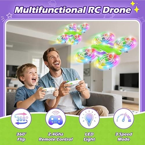 FUNPX LED RC Drone for Kids 6+, Christmas Birthday Gift for Boys & Girls with Remote Batteries, 360° Flips, 3 Speed Modes, 45 Min Flight Indoor and Outdoor Flying Toy - Green Purple thumbnail 2