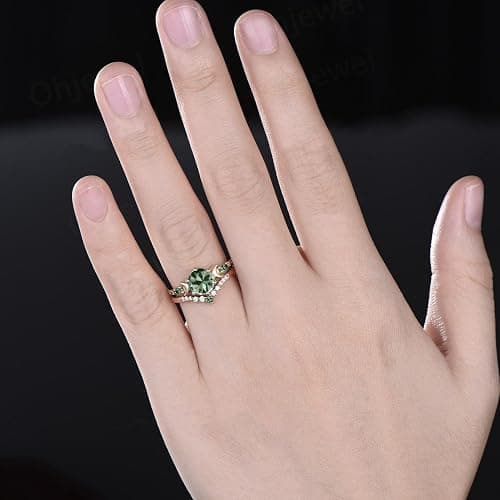 LELOUCHY 10K 14K 18K Rose Gold 2CT Gemstone Engagement Ring Set for Women 925 Sterling Silver 8mm Round Gemstone Triple Moon Goddess Art Deco Bridal Wedding Ring Set (Size 4-15) thumbnail 6