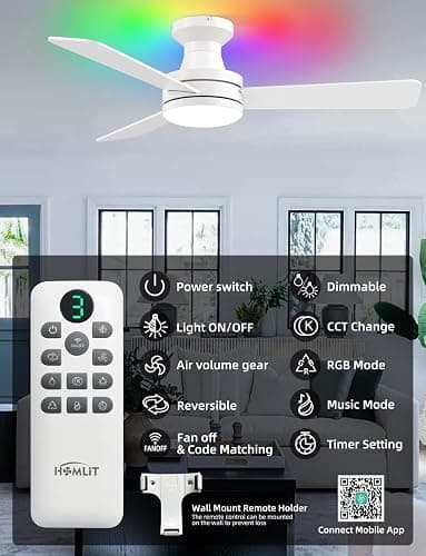 Homlit 42 inch RGB Ceiling Fan with Light, Smart App & Remote Control Low Profile Flush Mount, Music Sync Lighting, 6-Speed Quiet Reversible DC Motor, 4CCT Dimmable for Home Office Party,White thumbnail 9