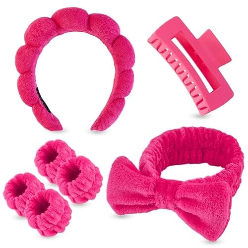 Yaqulen 7 Pcs Spa Set, Facial Headband and Wristband Set, Skincare Accessories, College Style Girl Idea Gifts, Hair Accessories for Women and Girls(Hot Pink) - Image 1