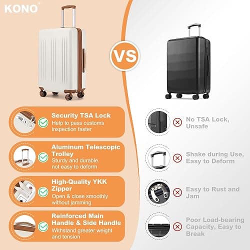 Kono Lightweight 24 Inch Expandable Luggage with Quiet Spinner Wheels TSA Lock, Scratch and Drop Resistant PC+ABS Hardside Durable Medium Checked Suitcase, Cream White & Brown thumbnail 7