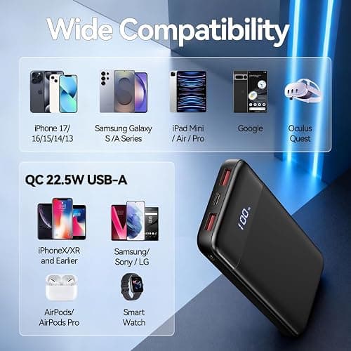 Portable Charger, 10000mAh Slim Power Bank Portable Phone Charger 22.5W PD QC Fast Charging with 3 Outputs 2 Inputs Battery Pack Compatible with iPhones Samsung Google Pixel LG Moto More Devices,Black thumbnail 3