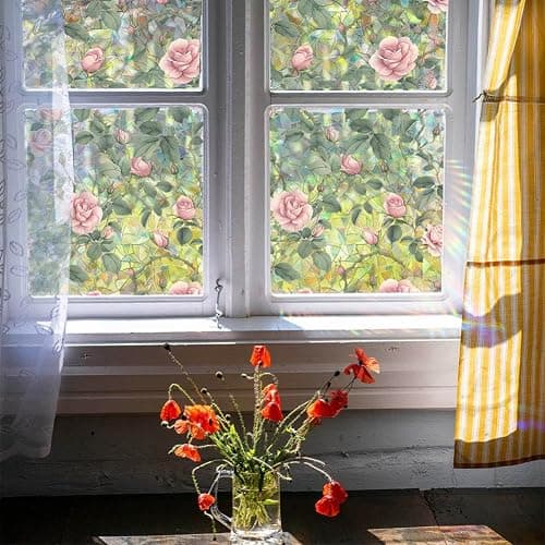 JOONOR Sichtschutzfolie mit rosafarbenen Rosen, 3D-Buntglas-Rose, Regenbogen-Fensteraufkleber, Nicht klebend, statisch haftend für Zuhause, Büro, 42 x 100 cm thumbnail 6