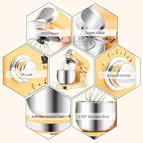 Kitchen in the box Stand Mixer,3.2Qt Small Electric Food Mixer,6 Speeds Portable Lightweight Kitchen Mixer for Daily Use with Egg Whisk,Dough Hook,Flat Beater (Yellow) thumbnail 6