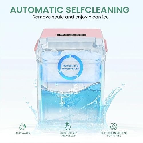 NEWBULIG Ice Makers Countertop with Handle, Portable Ice Machine, 9 Bullet Ice Cubes in 6 Mins, 26lbs in 24Hrs, Auto-Cleaning, with Basket and Scoop, for Home, Kitchen, RV, Camping,Light Pink thumbnail 6