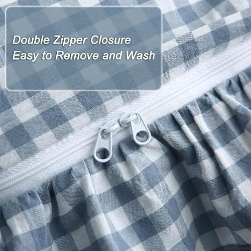 Silnuo Light Blue/White Gingham Plaid Ruffle Duvet Cover Set Full Size | 100% Washed Cotton 3 Pcs Vintage Checkered Chic Farmhouse Bedding Set Comforter Cover Set(Full,Light Blue/White) thumbnail 5