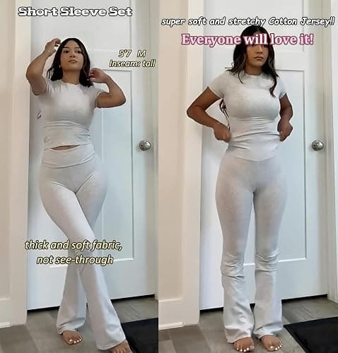 YETOWA Women's 2 Piece Lounge Outfits Slim Short Sleeve Tops Low Rise Flare Leggings Sets Yoga Sweatsuit thumbnail 4