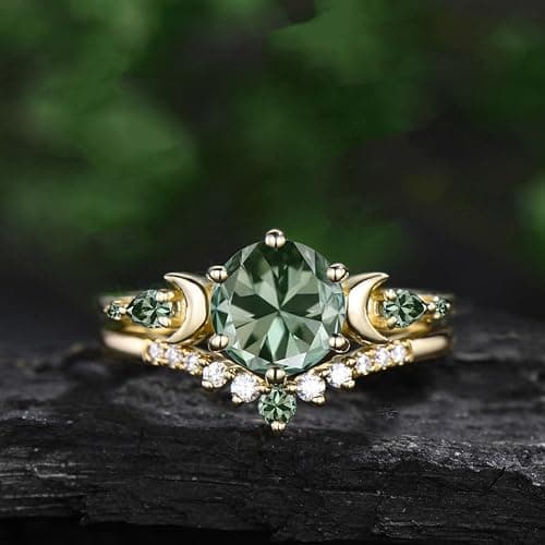 LELOUCHY 10K 14K 18K Rose Gold 2CT Gemstone Engagement Ring Set for Women 925 Sterling Silver 8mm Round Gemstone Triple Moon Goddess Art Deco Bridal Wedding Ring Set (Size 4-15) thumbnail 4
