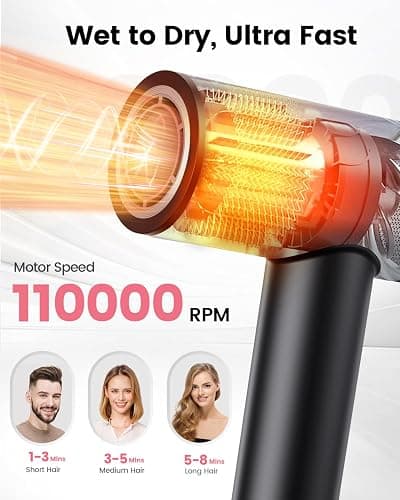 Dekuri Hair Dryer, 110,000 RPM High-Speed Fast Drying Blow Dryer, 500 Million Ionic Lightweight Hairdryer with Diffuser, Magnetic Nozzle, 4 Temps & 3 Speeds, Low Noise for Women & Men (Black) thumbnail 2