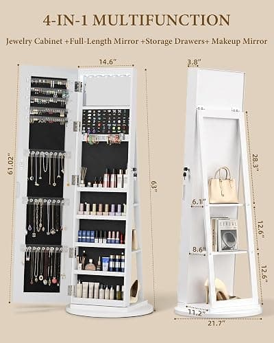 FAVSH 6 LEDs Jewelry Armoire with Frameless Full-Length Mirror, White | 360° Swivel Jewelry Cabinet Standing with 3 Back Shelves, Jewelry Organizer with Storage Lockable for Women, Girl thumbnail 3