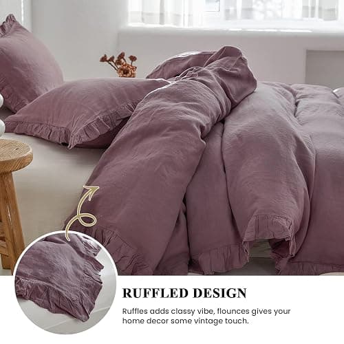 Simple&Opulence 100% Linen Duvet Cover Set, 3 PCS Natural French Flax Purple Ruffle Duvet Cover King Size, Breathable Comfy Linen Bedding Comforter Cover with 2 Pillowcases (Purple, 104" X 92") thumbnail 3