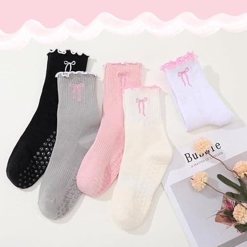scenicamp 5 Pairs Women‘s Cute Pilates Socks with Grips, Non-Slip Ruffle Yoga Sock, Cotton Grippy Crew Sock for Barre Ballet thumbnail 4