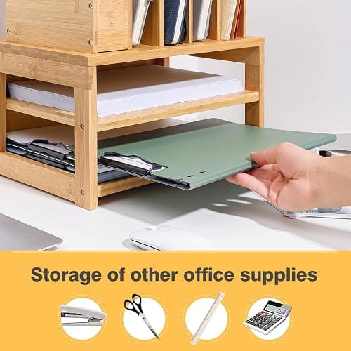 Homde Bamboo Desk Organizer with File Holder, Office Organization for Desks with Adjustable Pen Holding, Desktop Letter Paper Tray Storage for Workplace Home School (3-Tier,Natural) thumbnail 6