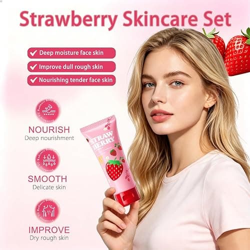 6 Pcs Strawberry Skincare Set for Teens Girls,Gentle Moisturizing Cleansing | Facial Cleanser for Girls 10-12,Daily Skin Care Routine Kit,Teen Girl Gifts Trendy Stuff,Birthday Gifts,Spa day kit for Women thumbnail 2