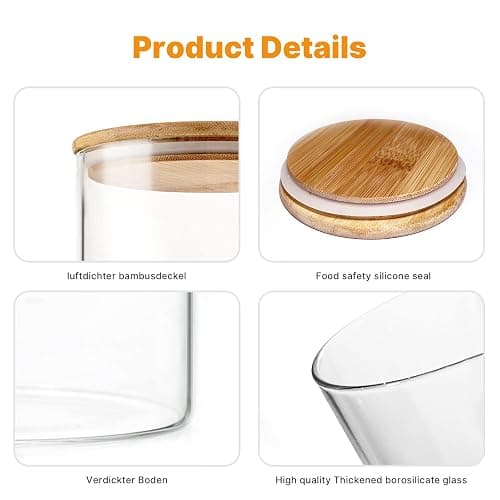 YUNCANG Glass Storage Jars [Set of 5],Clear Glass Food Storage Containers with Airtight Bamboo Lid Stackable Kitchen Canisters for Candy,Cookie,Rice,Sugar,Flour,Pasta,Nuts and Spice Jars - Circular thumbnail 5