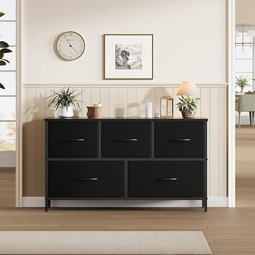 OLIXIS 5 Drawer Dresser for Bedroom, Closet Chest Organizer Furniture, TV Stand for Living Room Hallway, Wide Fabric Storage Tower with Wooden Top and Metal Frame, Black thumbnail 2