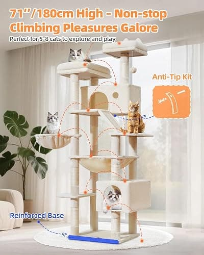 Taoqimiao Arbre a Chat Maine Coon,180cm Stable Arbres à Chat XXL avec 2 Condos Spacieux pour Chats, 8 Griffers, 2 Plateformes, Panier pour Matou, Confortable Hamac, Beige MS026LM thumbnail 8