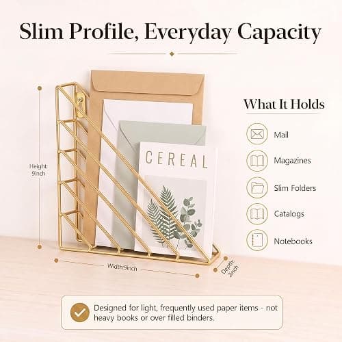 Home Office Magazine Rack, 2 Pack Wall File Organizer with 4 No-Drill Adhesive Hooks, Gold Metal Wall Mounted Magazine Holder for Mail, Folders, Papers and Reading Materials in Entryway, Living Room thumbnail 2