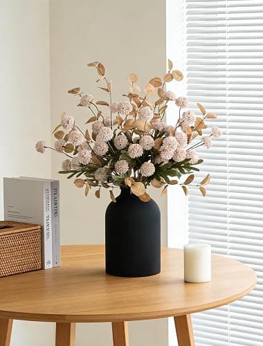 BLOSMON Dining Table Centerpiece Decor: Metal Vase with 12 Stems of Fake Mums Kiku Flower Eucalyptuses for Home - Beige Artificial Pom Poms Faux Floral Arrangements in Vase for Living Room thumbnail 9