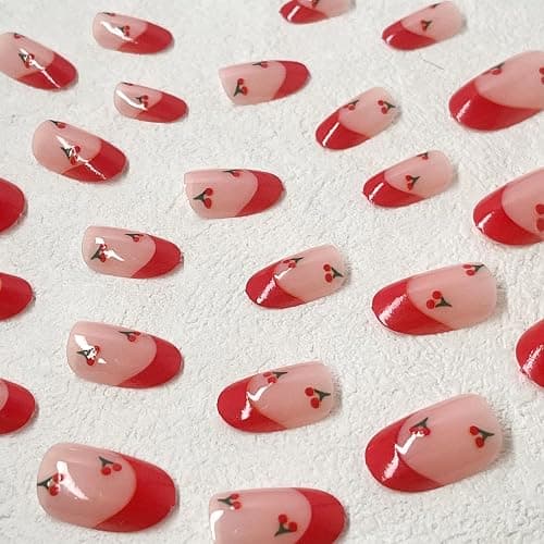ROFIBUT Red French Tip Press on Nails Almond Short Fake Nails Cute Nude Pink Full Cover Glue on Nails with Red Cherry Glossy Artificial Stick on Nails Reusable Acrylic False Nail for Women Girls 24Pcs thumbnail 4