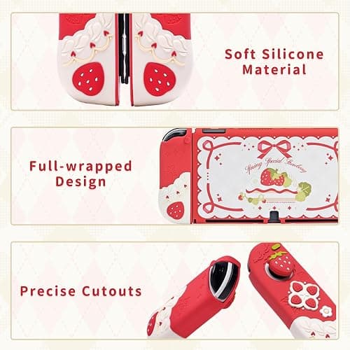 GeekShare Protective Case for Switch OLED Slim Cover Case Compatible with Switch OLED Separable Soft Silicone Protective Shell for Joystick with 2 Thumb Grip Caps - Strawberries with Cream thumbnail 3
