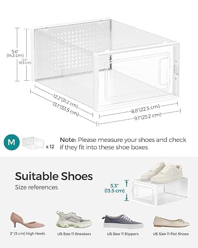SONGMICS Shoe Boxes, Pack of 12 Shoe Storage Organizers, Stackable Clear Plastic Boxes for Closet, Sneakers, 13.1 x 9.1 x 5.6 Inches, Transparent and White ULSP12SWT thumbnail 3