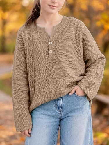 Girls Winter Sweaters 2026 Fashion Teen Tops Henley Kids V Neck Long Sleeve Loose Shirts Fall Warm Clothes thumbnail 3