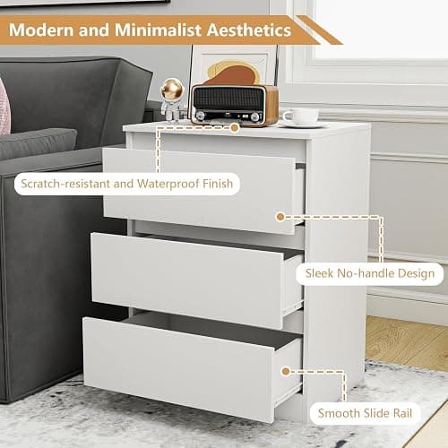 White Nightstand with 3 Drawers,Modern Tall Bedside Table with Storage for Bedroom,End Side Table with No-Handle Design for Living Room thumbnail 4