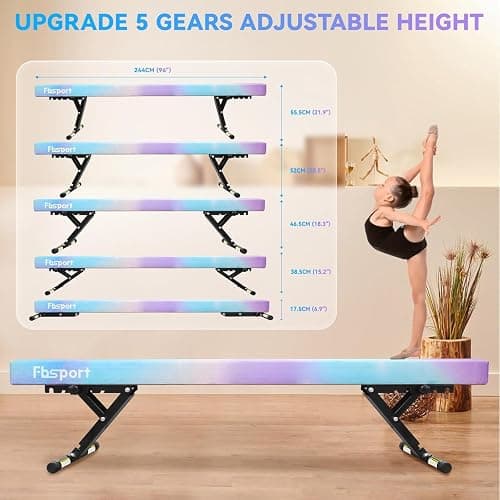 FBSPORT Adjustable Gymnastic Balance Beam 244CM,5 heights Adjustable High and Low Level Floor Beam Highly Stable Gym Practice Training Equipment for Kids thumbnail 2