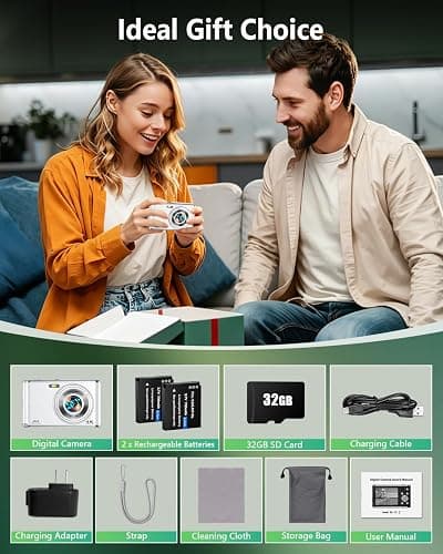 4K Digital Camera for Photography 48MP Dual Lens Autofocus 16X Zoom, White | Portable with Anti-Shake, Flash, 2.8" Screen, Vlogging Camera for YouTube Travel Selfies, Beginners, 32GB Card, 2 Batteries thumbnail 9