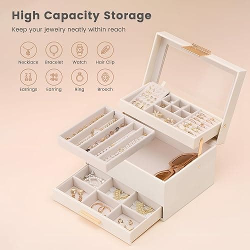 Lolalet Jewelry Box, Clear Window Jewelry Organizer with Drawer for Earrings Bracelets Necklaces Rings, Jewelry Storage for Women -White, 3 Layers thumbnail 4