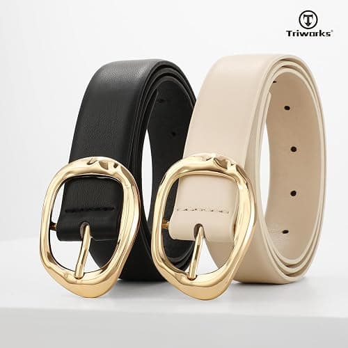 TRIWORKS 2 Pack Leather Belts for Women Fashion Waist Belt with Liquid Shapes Women Belt for Jeans Pants Dresses thumbnail 2